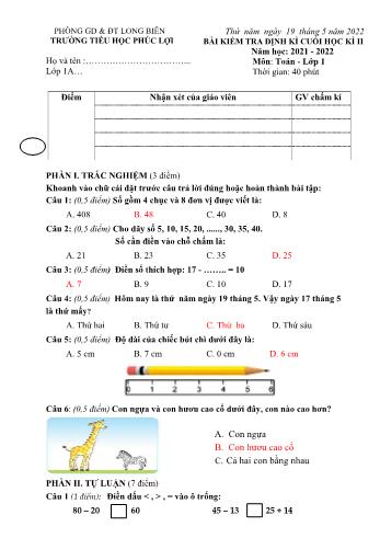 Bài kiểm tra định kì cuối học kì II môn Toán Lớp 1 - Năm học 2021-2022 - Trường Tiểu học Phúc Lợi