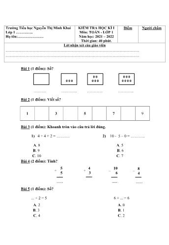 Bài kiểm tra học kì I môn Toán Lớp 1 - Năm học 2021-2022 - Trường Tiểu học Nguyễn Thị Minh Khai (Có đáp án)