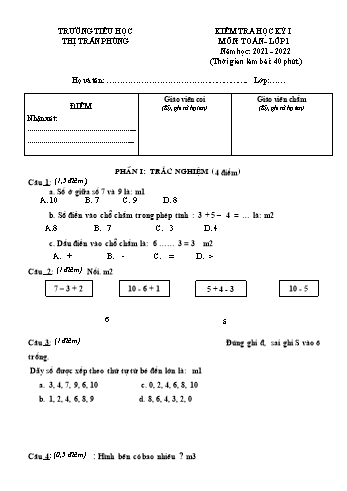 Bài kiểm tra học kỳ I môn Toán Lớp 1 - Năm học 2021-2022 - Trường Tiểu học Thị trấn Phùng (Có đáp án)