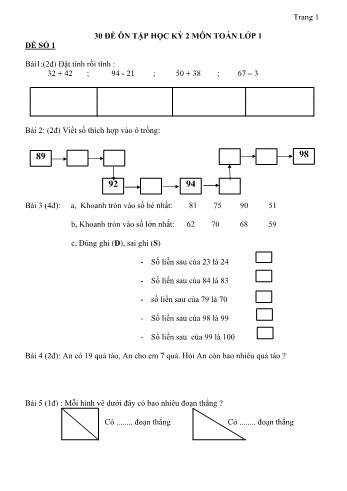 Bộ 30 đề ôn tập học kỳ 2 môn Toán Lớp 1