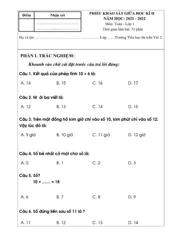 Đề khảo sát giữa học kì II môn Toán Lớp 1 - Năm học 2021-2022 - Trường Tiểu học thị trấn Vôi số 2