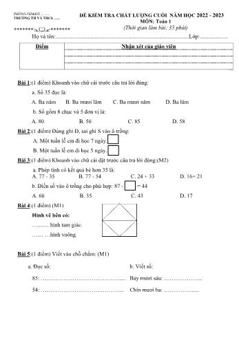 Đề kiểm tra chất lượng cuối năm môn Toán Lớp 1 - Năm học 2022-2023 (Có đáp án)