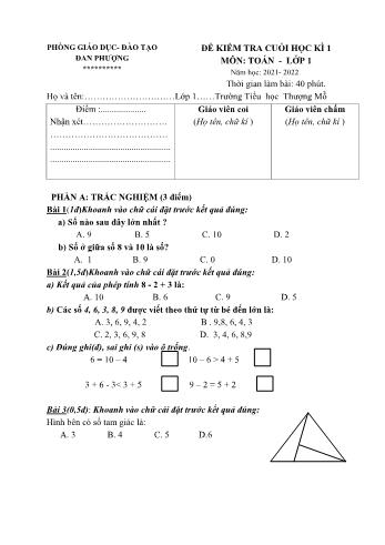 Đề kiểm tra cuối học kì 1 môn Toán Lớp 1 - Năm học 2021-2022 - Phòng Giáo dục và Đào tạo Đan Phượng