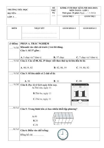 Đề kiểm tra định kì cuối học kì II môn Toán Lớp 1 - Năm học 2022-2023 (Có đáp án)