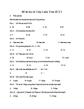 Đề thi học kì 2 môn Toán Lớp 1 - Đề số 1 (Có đáp án)
