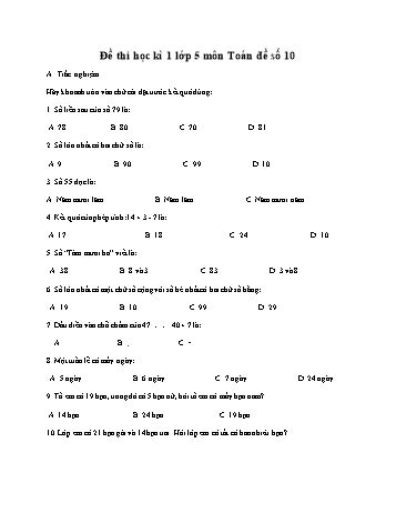 Đề thi học kì 2 môn Toán Lớp 1 - Đề số 10 (Có đáp án)