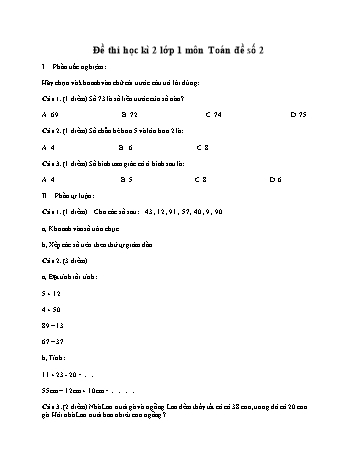 Đề thi học kì 2 môn Toán Lớp 1 - Đề số 2 (Có đáp án)