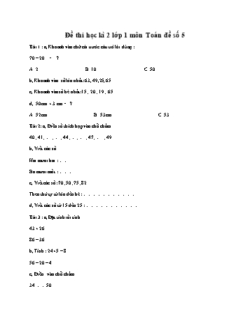 Đề thi học kì 2 môn Toán Lớp 1 - Đề số 5 (Có đáp án)