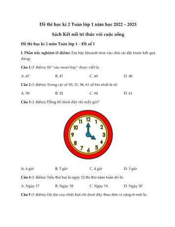 Đề thi học kì 2 môn Toán Lớp 1 (Kết nối tri thức với cuộc sống) - Năm học 2022-2023