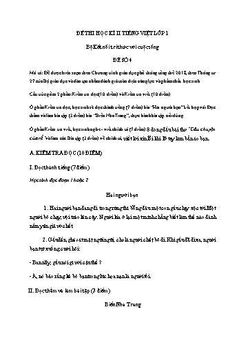 Đề thi học kì II môn Tiếng Việt Lớp 1 (Kết nối tri thức với cuộc sống) - Đề số 4 (Có đáp án)