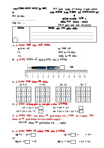 Bài kiểm tra định kì cuối học kì II môn Toán Lớp 1 - Năm học 2022-2023 - Trường Tiểu học Ái Mộ B