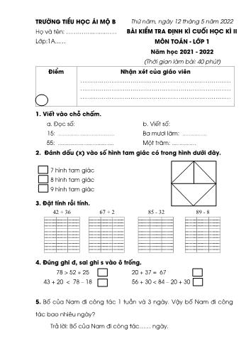 Bài kiểm tra định kì cuối học kì II môn Toán Lớp 1 - Năm học 2021-2022 - Trường Tiểu học Ái Mộ B