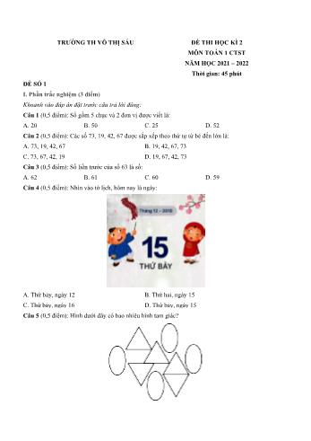 Bộ 5 đề thi học kì 2 môn Toán Lớp 1 Sách Chân trời sáng tạo - Năm học 2021-2022 - Trường Tiểu học Võ Thị Sáu (Có đáp án)