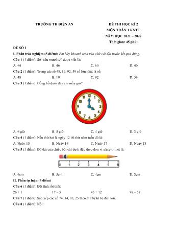 Bộ 5 đề thi học kì 2 môn Toán Lớp 1 Sách Kết nối tri thức với cuộc sống - Năm học 2021-2022 - Trường Tiểu học Điện An (Có đáp án)