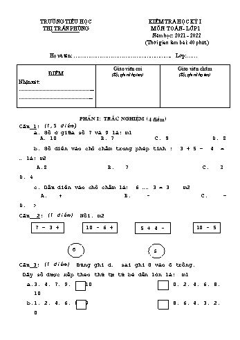 Đề kiểm tra học kỳ I môn Toán Lớp 1 - Năm học 2021-2022 - Trường Tiểu học Thị trấn Phùng (Có đáp án)