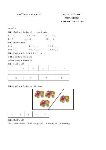 Đề thi giữa học kì 1 môn Toán Lớp 1 - Năm học 2021-2022 - Trường Tiểu học Tân Kim (Có đáp án)