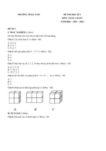 Đề thi học kì 1 môn Toán Lớp 1 Sách Kết nối tri thức với cuộc sống - Năm học 2021-2022 - Trường Tiểu học Ba Nam (Có đáp án)
