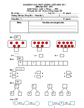 Bài khảo sát chất lượng giữa học kì I môn Toán Lớp 1 - Năm học 2022-2023 - Trường Tiểu học Đồng Hòa