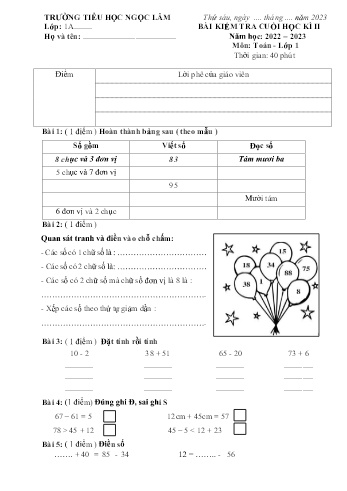 Bài kiểm tra cuối học kì II môn Toán Lớp 1 - Năm học 2022-2023 - Trường Tiểu học Ngọc Lâm