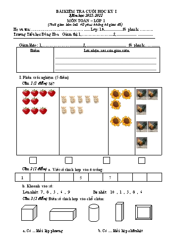 Bài kiểm tra cuối học kỳ I môn Toán Lớp 1 - Năm học 2021-2022 - Trường Tiểu học Đồng Hòa (Có đáp án)