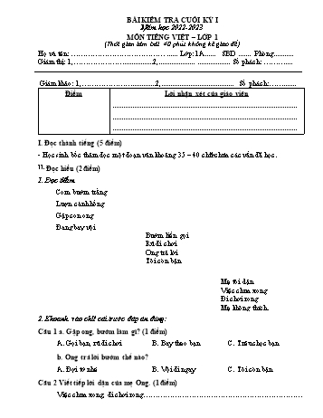 Bài kiểm tra cuối kỳ I môn Tiếng Việt Lớp 1 - Năm học 2022-2023 - Trường Tiểu học Đồng Hòa (Có đáp án)