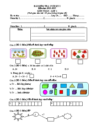 Bài kiểm tra cuối kỳ I môn Toán Lớp 1 - Năm học 2022-2023 - Trường Tiểu học Đồng Hòa (Có đáp án)
