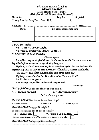 Bài kiểm tra cuối kỳ II môn Tiếng Việt Lớp 1 - Năm học 2021-2022 - Trường Tiểu học Đồng Hòa (Có đáp án)