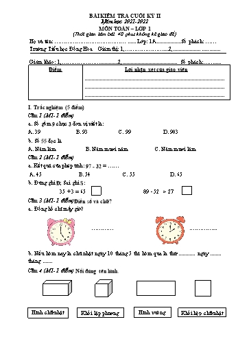 Bài kiểm tra cuối kỳ II môn Toán Lớp 1 (Kết nối tri thức và cuộc sống) - Năm học 2021-2022 - Trường Tiểu học Đồng Hòa (Có đáp án)