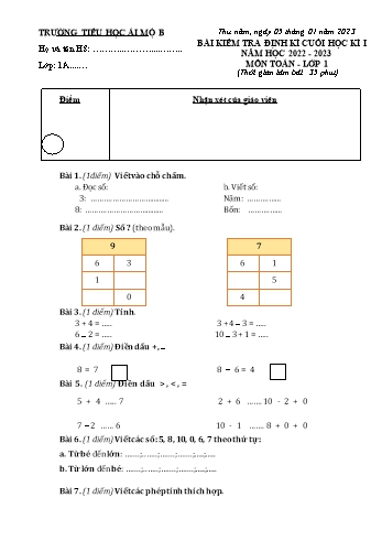 Bài kiểm tra định kì cuối học kì I môn Toán Lớp 1 - Năm học 2022-2023 - Trường Tiểu học Ái Mộ B (Có đáp án)