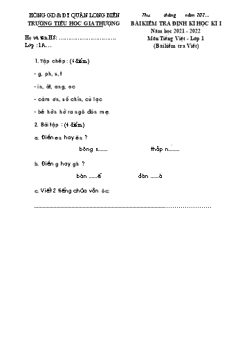 Bài kiểm tra định kì học kì I môn Tiếng Việt Lớp 1 - Năm học 2021-2022 - Trường Tiểu học Gia Thượng - Đề 1