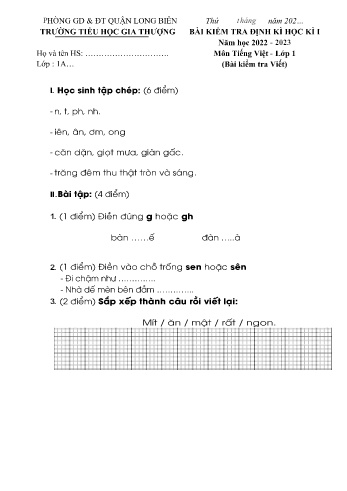 Bài kiểm tra định kì học kì I môn Tiếng Việt Lớp 1 - Năm học 2022-2023 - Trường Tiểu học Gia Thượng - Đề 5 (Có đáp án)