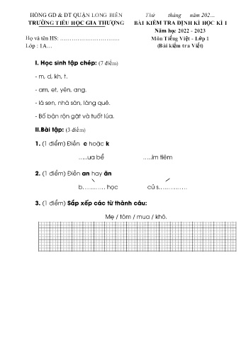 Bài kiểm tra định kì học kì I môn Tiếng Việt Lớp 1 - Năm học 2022-2023 - Trường Tiểu học Gia Thượng - Đề 4 (Có đáp án)