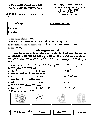 Bài kiểm tra định kì học kì I môn Tiếng Việt Lớp 1 - Năm học 2021-2022 - Trường Tiểu học Gia Thượng - Đề 5