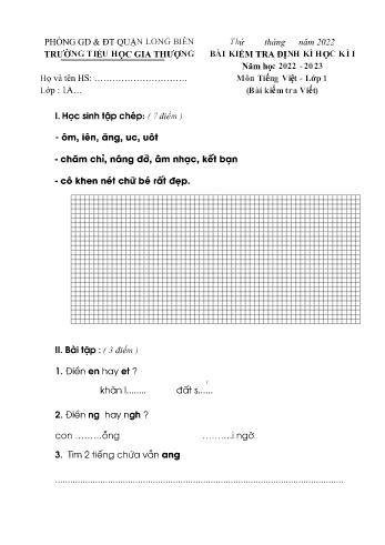 Bài kiểm tra định kì học kì I môn Tiếng Việt Lớp 1 - Năm học 2022-2023 - Trường Tiểu học Gia Thượng - Đề 2 (Có đáp án)