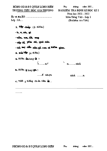 Bài kiểm tra định kì học kì I môn Tiếng Việt Lớp 1 - Năm học 2021-2022 - Trường Tiểu học Gia Thượng - Đề 4