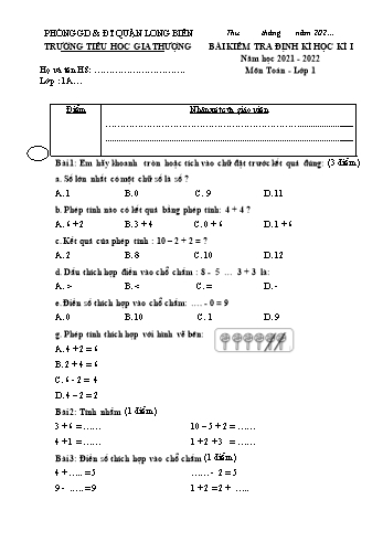 Bài kiểm tra định kì học kì I môn Toán Lớp 1 - Năm học 2021-2022 - Trường Tiểu học Gia Thượng - Đề 5