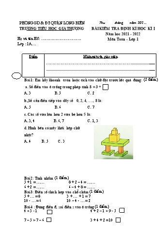 Bài kiểm tra định kì học kì I môn Toán Lớp 1 - Năm học 2021-2022 - Trường Tiểu học Gia Thượng - Đề 3
