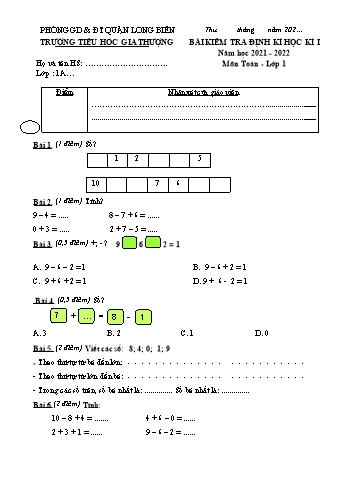 Bài kiểm tra định kì học kì I môn Toán Lớp 1 - Năm học 2021-2022 - Trường Tiểu học Gia Thượng - Đề 6