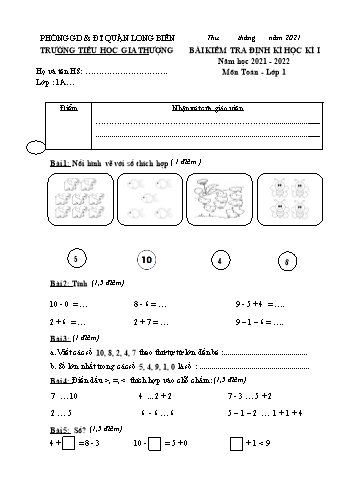 Bài kiểm tra định kì học kì I môn Toán Lớp 1 - Năm học 2021-2022 - Trường Tiểu học Gia Thượng - Đề 4