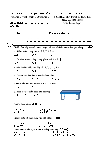 Bài kiểm tra định kì học kì I môn Toán Lớp 1 - Năm học 2021-2022 - Trường Tiểu học Gia Thượng - Đề 1