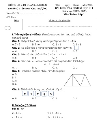 Bài kiểm tra định kì học kì I môn Toán Lớp 1 - Năm học 2022-2023 - Trường Tiểu học Gia Thượng - Đề 2 (Có đáp án)
