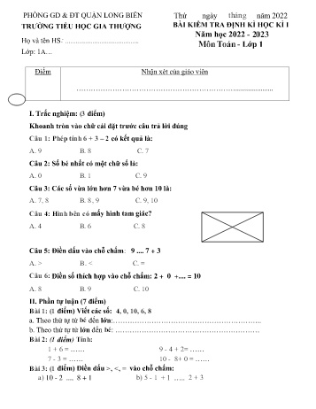 Bài kiểm tra định kì học kì I môn Toán Lớp 1 - Năm học 2022-2023 - Trường Tiểu học Gia Thượng - Đề 3 (Có đáp án)