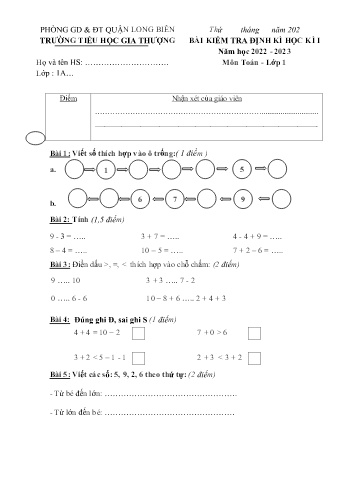 Bài kiểm tra định kì học kì I môn Toán Lớp 1 - Năm học 2022-2023 - Trường Tiểu học Gia Thượng - Đề 4 (Có đáp án)