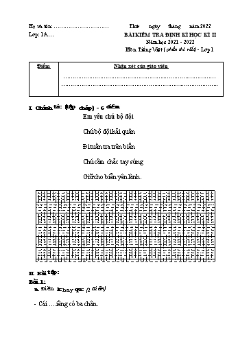 Bài kiểm tra định kì học kì II môn Tiếng Việt Lớp 1 - Năm học 2021-2022 - Trường Tiểu học Gia Thượng - Đề 6 (Có đáp án)