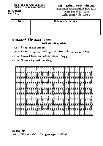 Bài kiểm tra định kì học kì II môn Tiếng Việt Lớp 1 - Năm học 2021-2022 - Trường Tiểu học Gia Thượng - Đề 1 (Có đáp án)