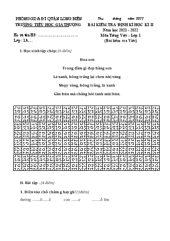 Bài kiểm tra định kì học kì II môn Tiếng Việt Lớp 1 - Năm học 2021-2022 - Trường Tiểu học Gia Thượng - Đề 5 (Có đáp án)