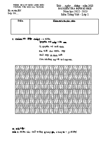 Bài kiểm tra định kì học kì II môn Tiếng Việt Lớp 1 - Năm học 2022-2023 - Trường Tiểu học Gia Thượng - Đề 3 (Có đáp án)