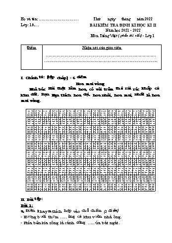 Bài kiểm tra định kì học kì II môn Tiếng Việt Lớp 1 - Năm học 2021-2022 - Trường Tiểu học Gia Thượng - Đề 4 (Có đáp án)