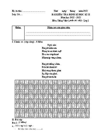 Bài kiểm tra định kì học kì II môn Tiếng Việt Lớp 1 - Năm học 2022-2023 (Có đáp án)