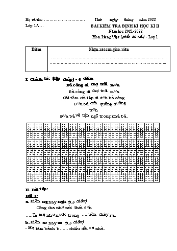 Bài kiểm tra định kì học kì II môn Tiếng Việt Lớp 1 - Năm học 2021-2022 - Trường Tiểu học Gia Thượng - Đề 2 (Có đáp án)